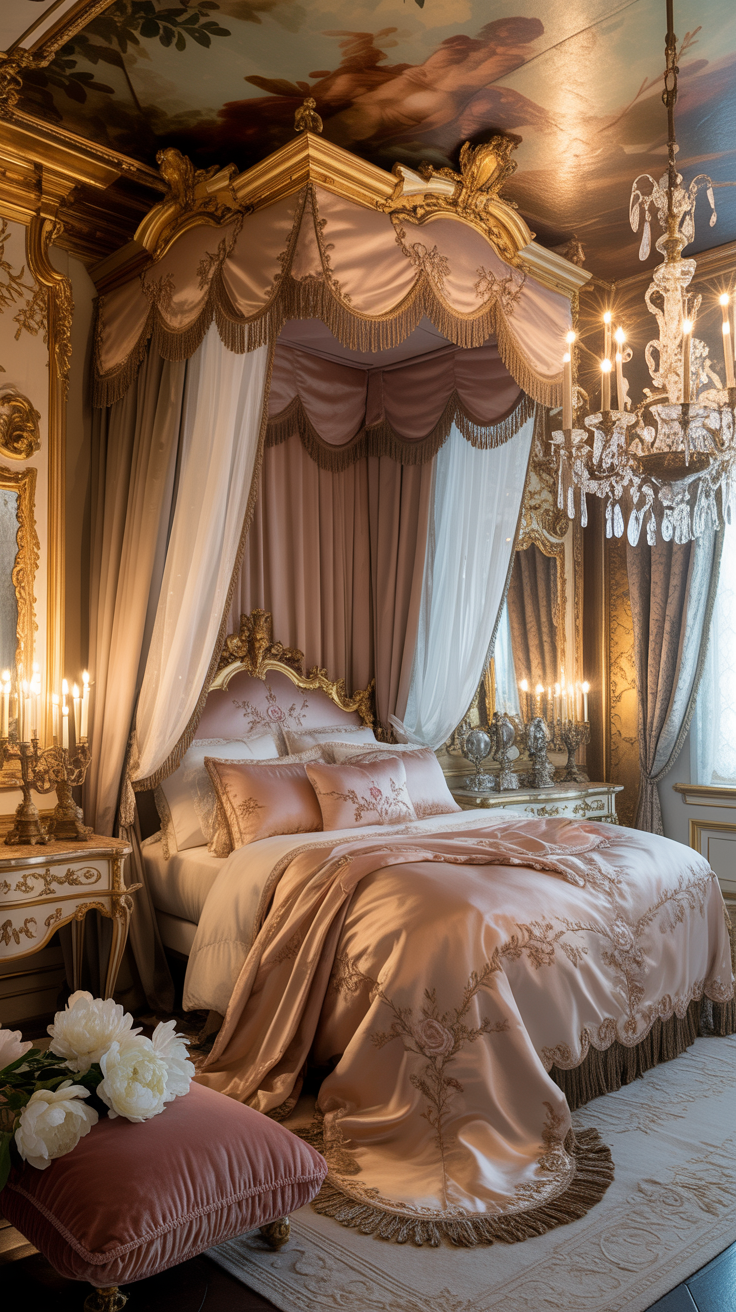 Luxurious Rococo bedroom with layered silk bedding elegant textures and refined styling