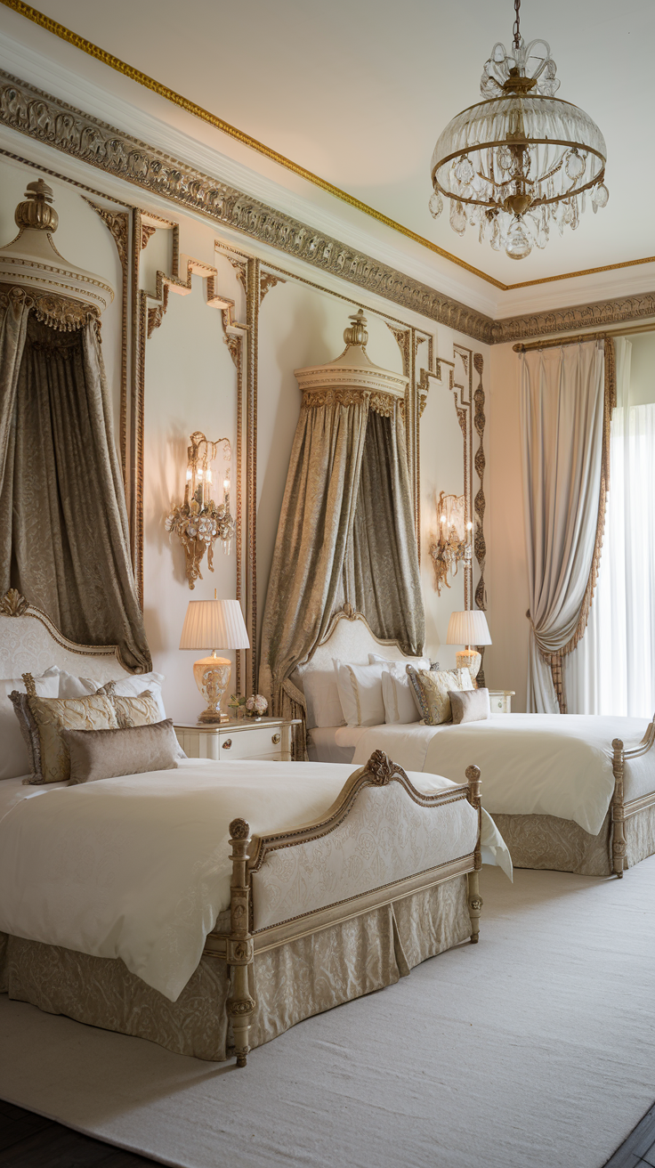 Rococo bedroom with decorative wall sconces ornate details and elegant bedside lighting
