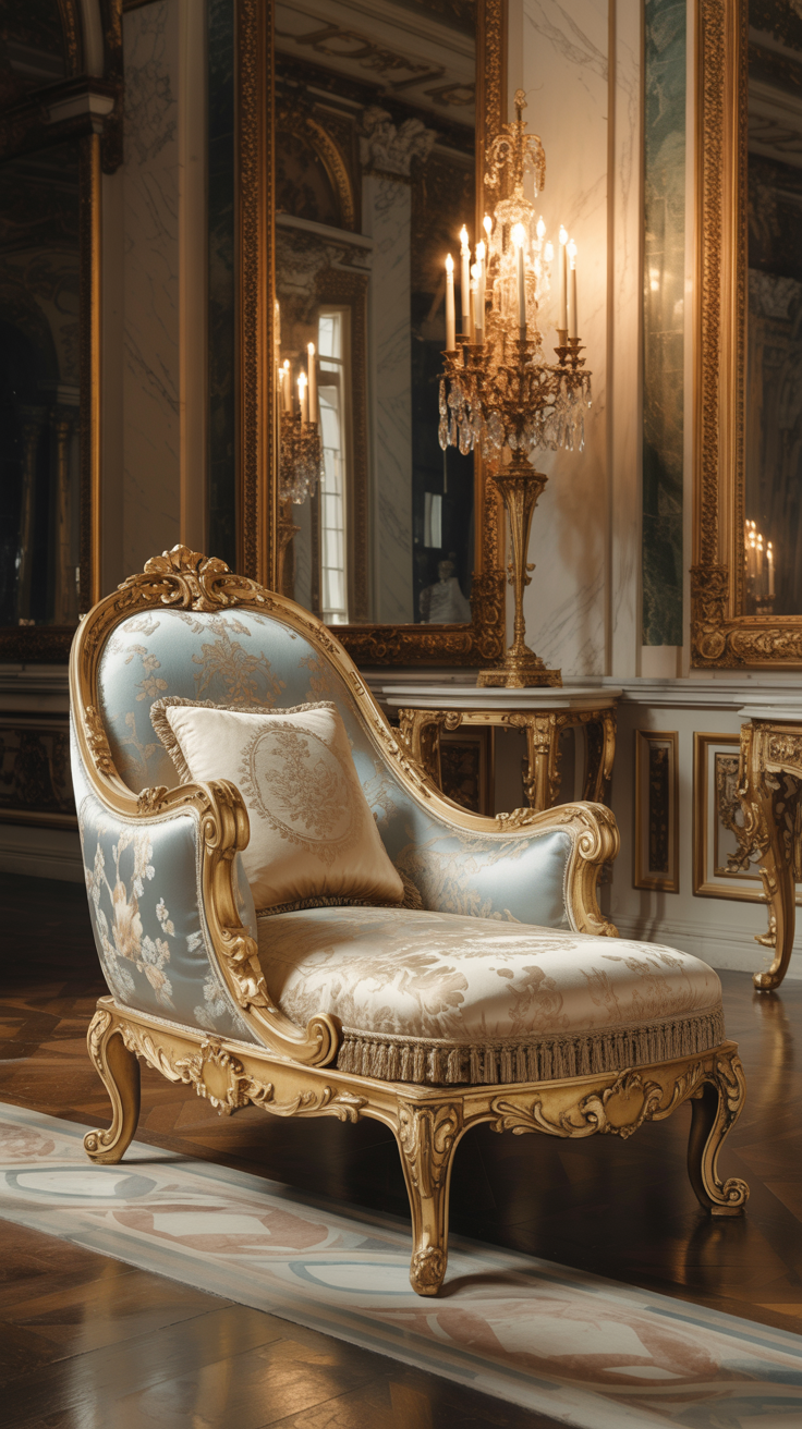 Elegant Rococo chaise lounge with carved details luxurious upholstery and palace inspired styling