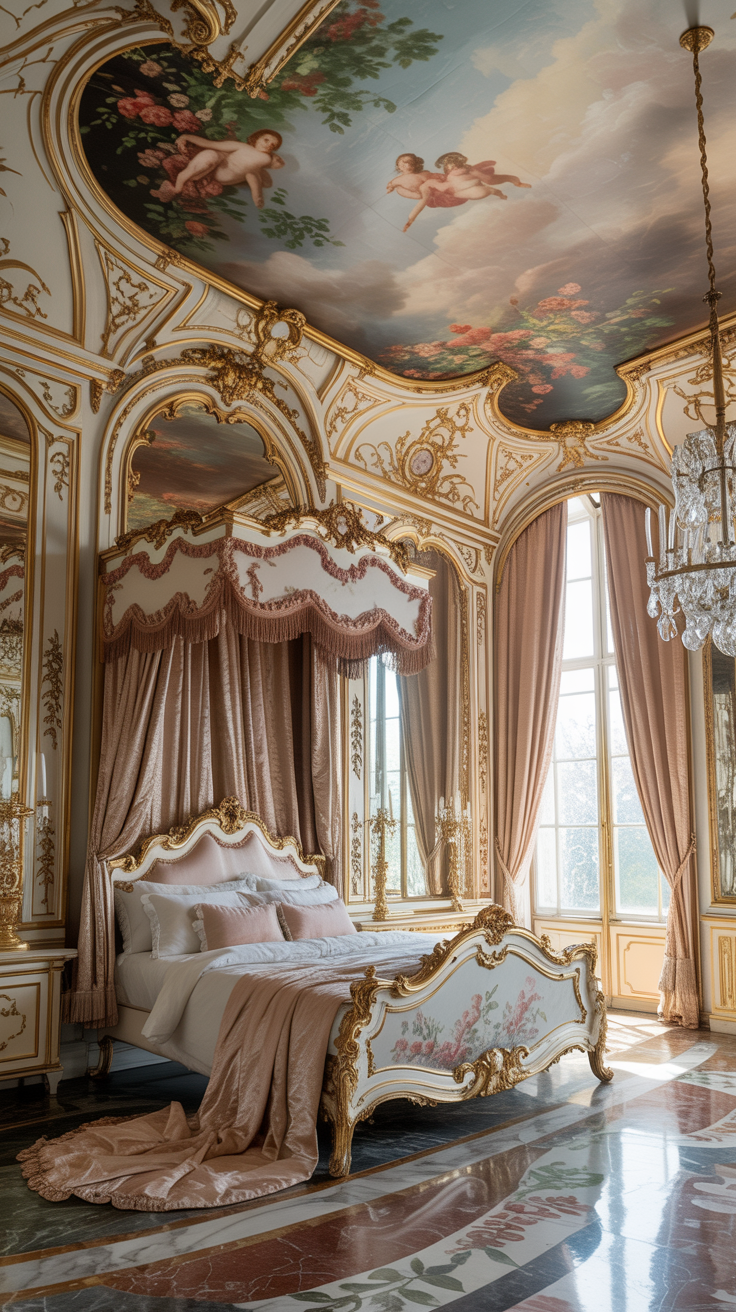 Rococo bedroom with painted ceiling mural decorative details and luxurious palace inspired design