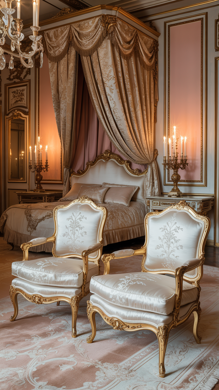 Rococo bedroom featuring elegant French armchairs with ornate carvings and luxurious upholstery