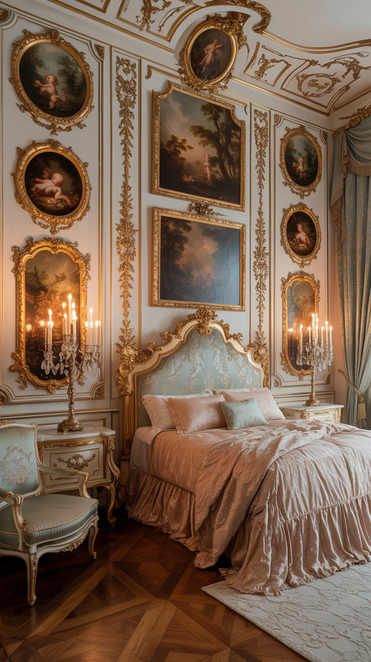 Rococo bedroom decorated with gold framed artwork and elegant palace inspired wall decor