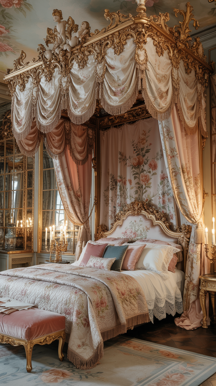 Rococo canopy bed with flowing drapery luxurious fabrics and romantic palace style decor