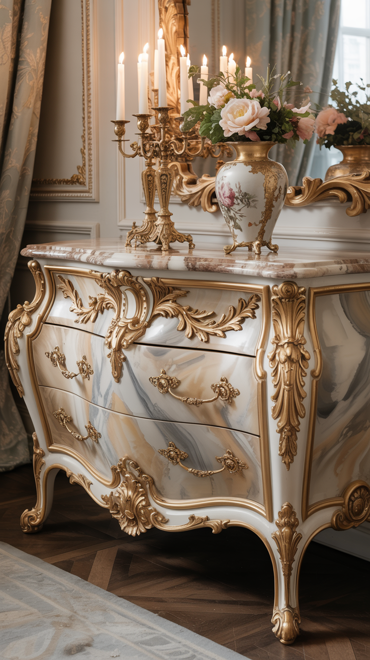 Marble topped Rococo dresser with antique details elegant hardware and luxurious styling