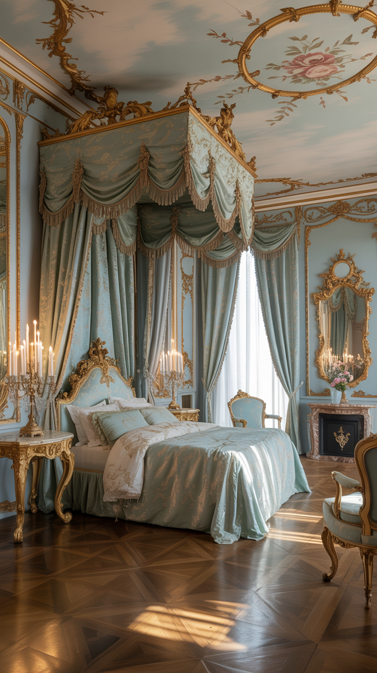 Soft blue Rococo bedroom featuring gold accents luxurious furnishings and elegant styling