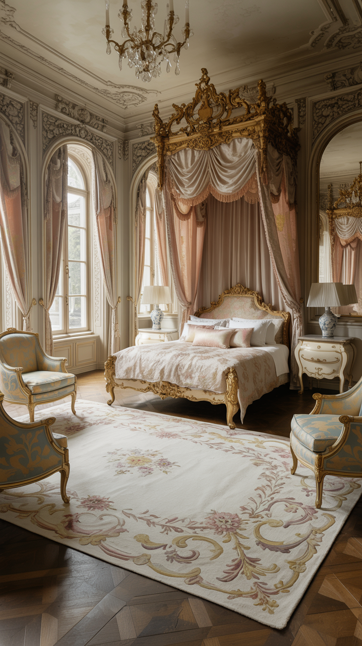 Rococo bedroom with ornate area rug luxurious furnishings and elegant palace inspired styling