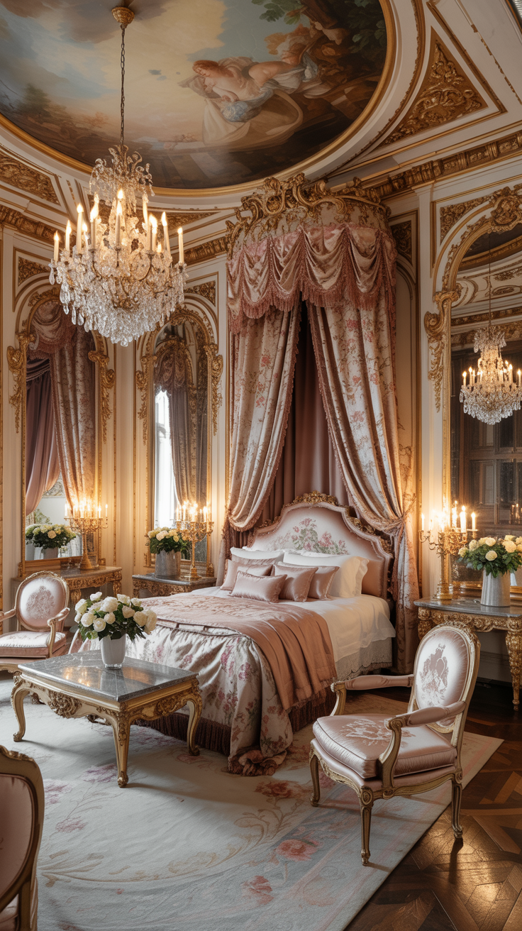 Luxurious Rococo bedroom layered with chandeliers gilded furniture elegant fabrics and palace inspired decor