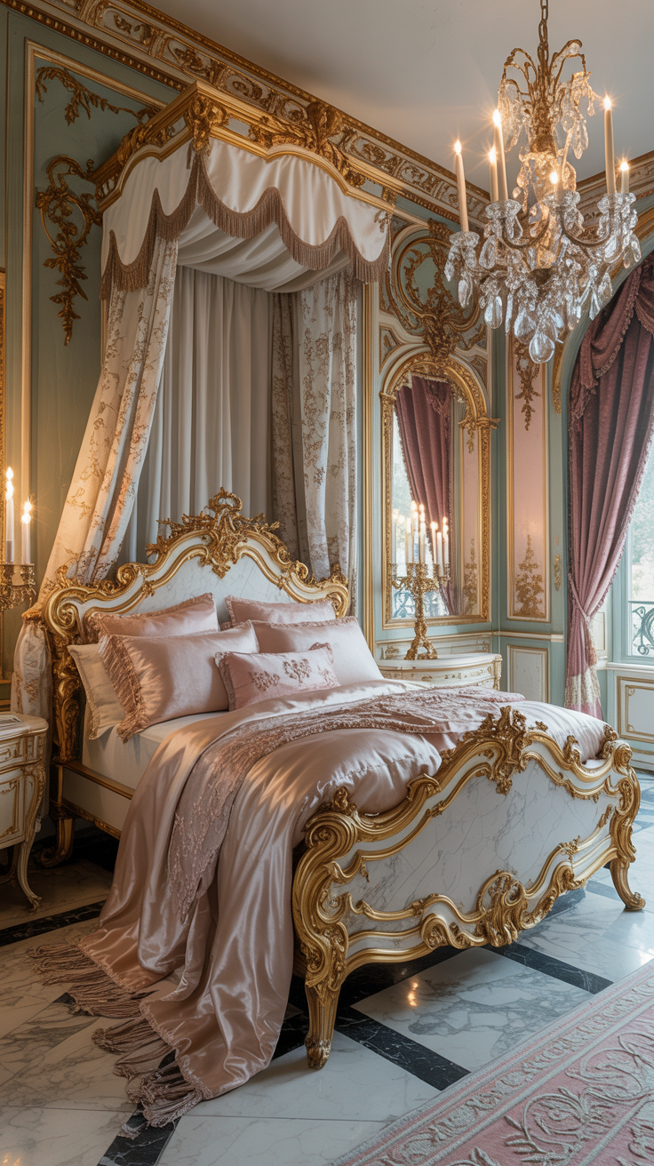 French Rococo bedroom featuring a grand gilded bed frame with elegant Parisian palace styling