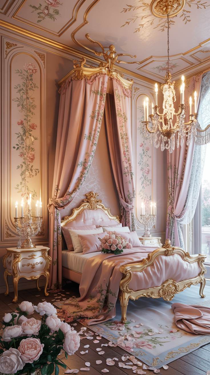 French Rococo bedroom in blush pink and gold with elegant furnishings and romantic decor