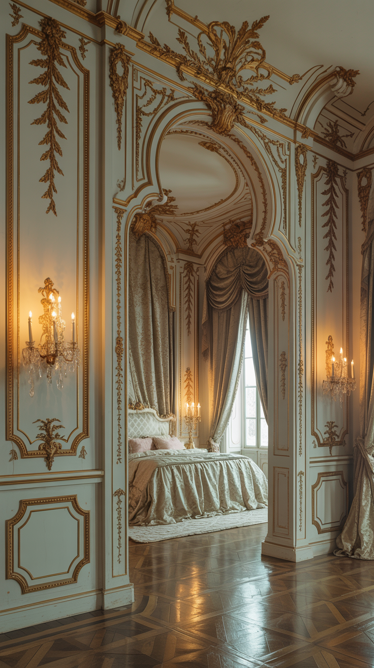 French Rococo bedroom with ornate wall moldings elegant paneling and palace inspired architectural details