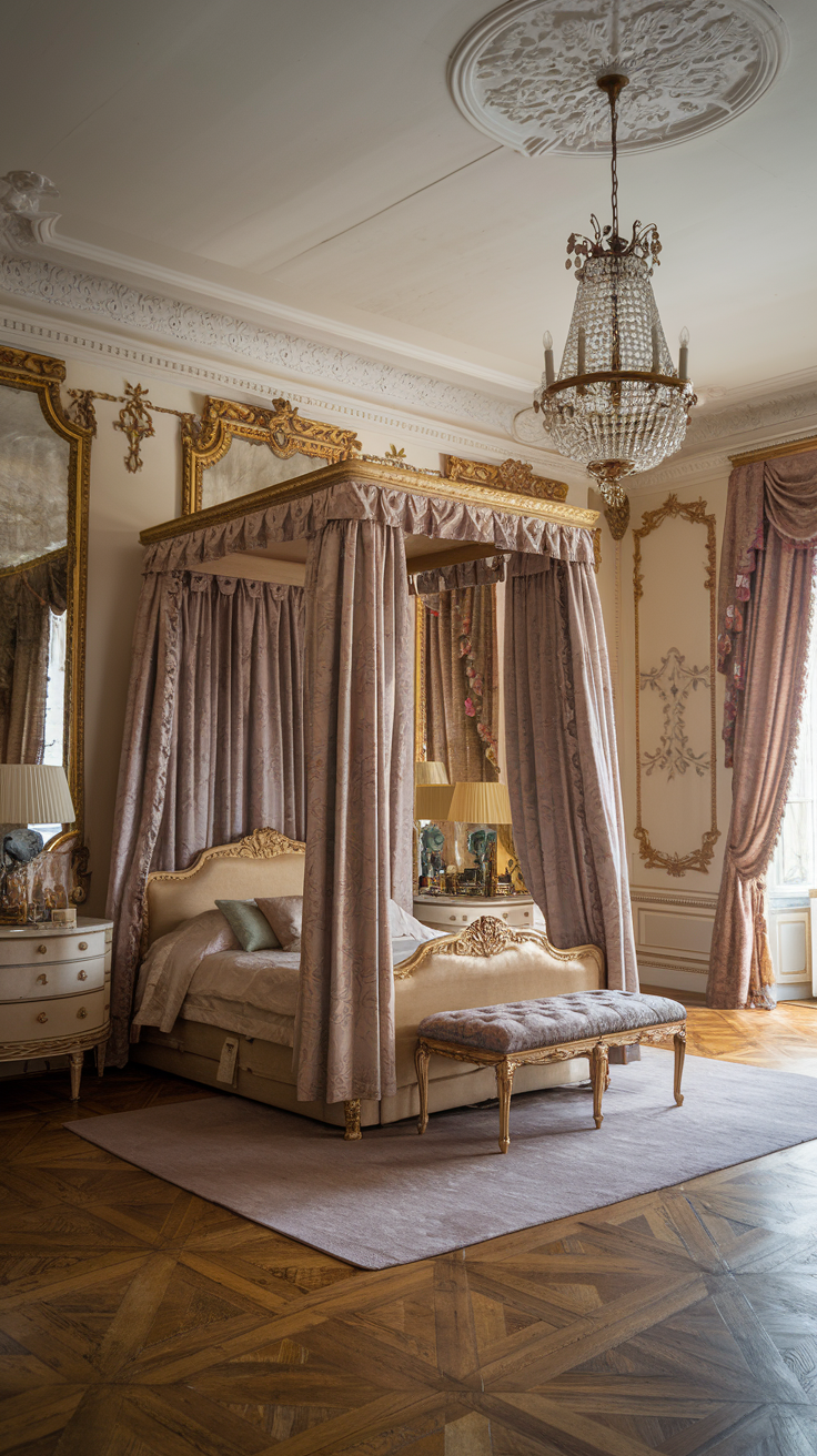 French Rococo bedroom with floor to ceiling silk drapery and luxurious Parisian palace styling