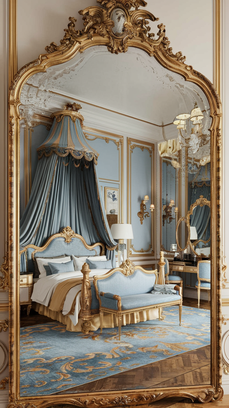 French Rococo bedroom with oversized gilded mirror elegant Parisian styling and luxurious decor