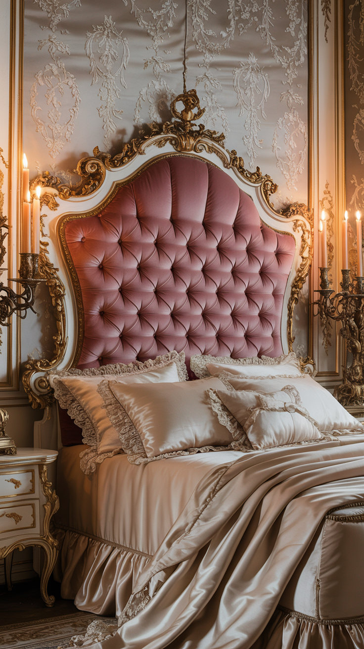 French Rococo bedroom featuring a tufted velvet headboard with elegant curved detailing