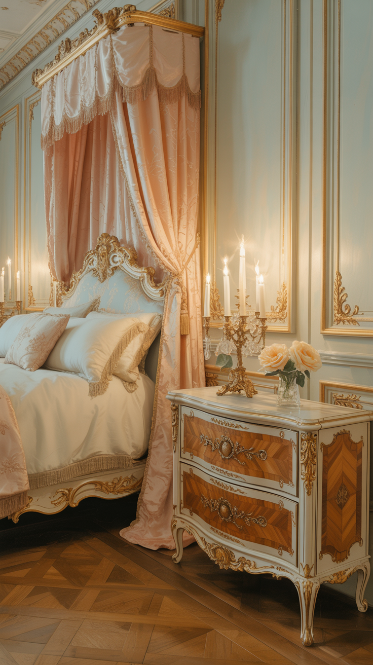 French Rococo bedroom with antique carved nightstands elegant styling and luxurious details
