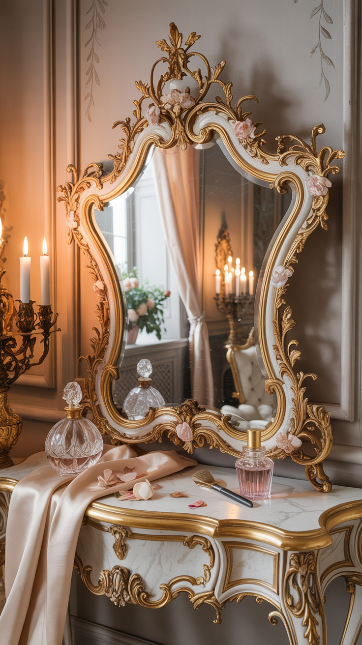French Rococo dressing table with ornate mirror elegant details and luxurious Parisian styling