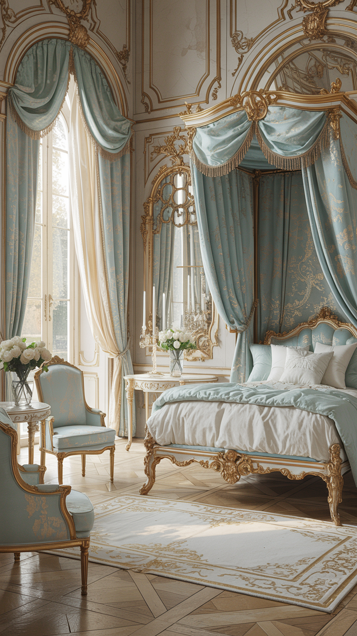 Soft blue French Rococo bedroom with gold accents elegant furnishings and luxurious styling