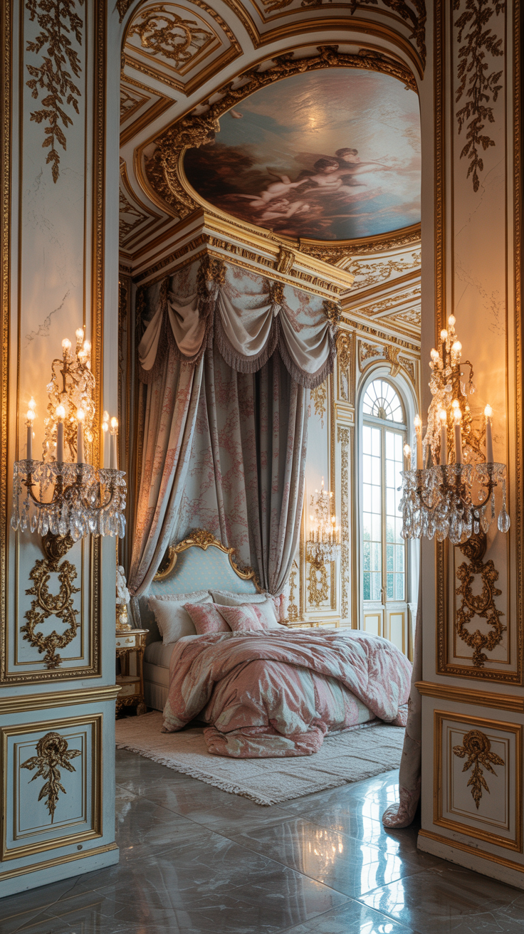 French Rococo bedroom with crystal wall sconces elegant lighting and Parisian palace inspired decor