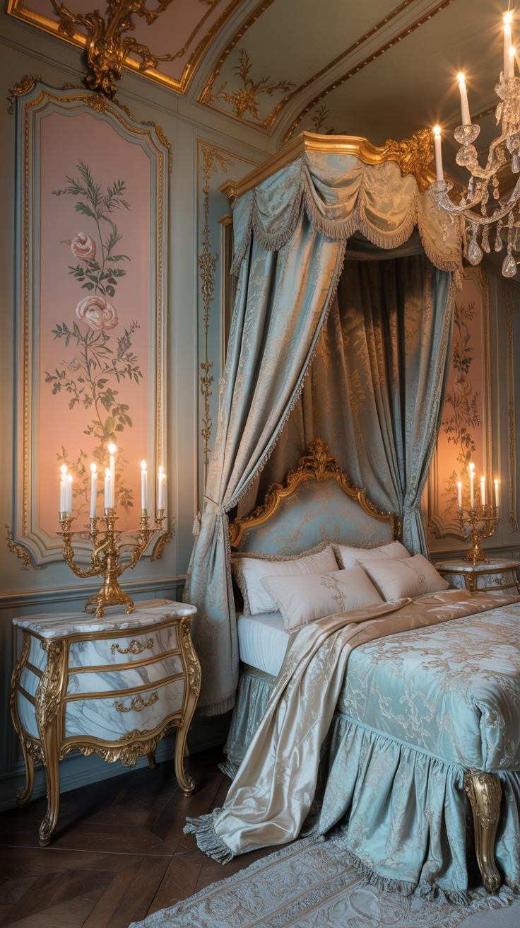 French Rococo bedroom featuring marble topped furniture elegant details and luxurious styling
