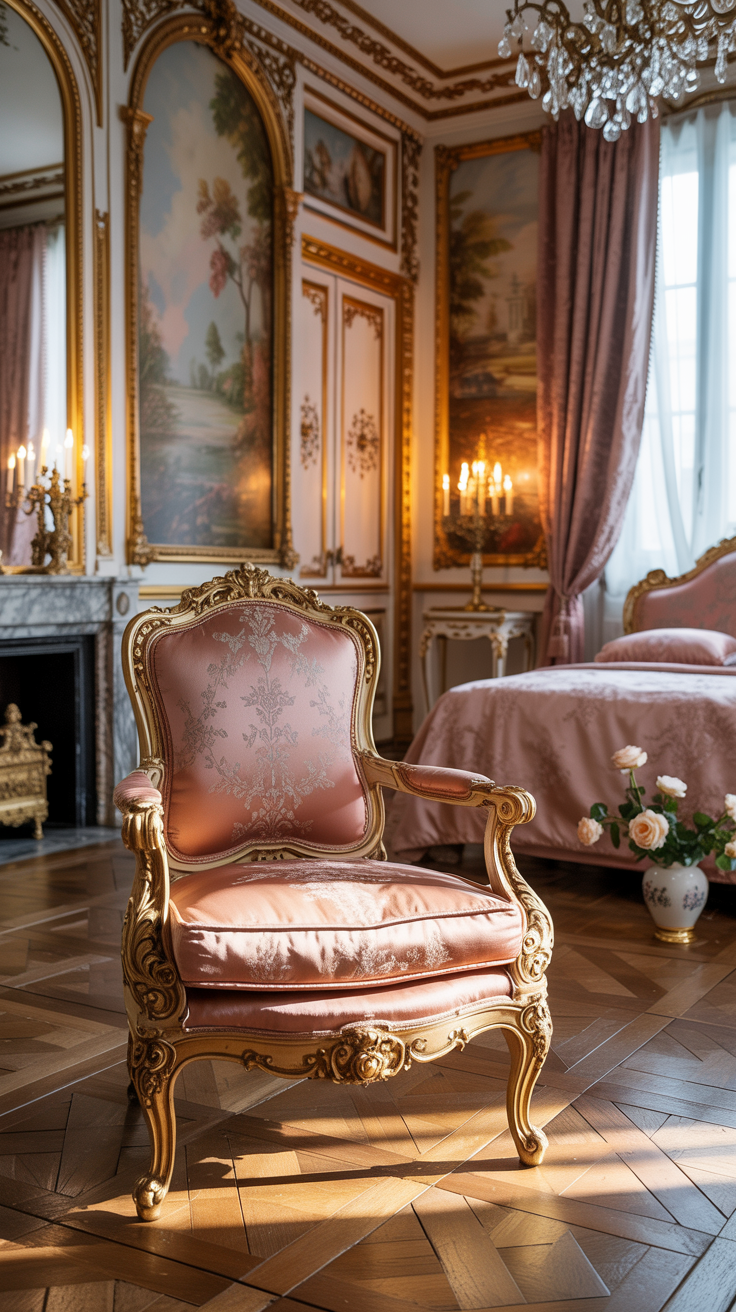 French Rococo bedroom with elegant armchair luxurious upholstery and sophisticated Parisian styling