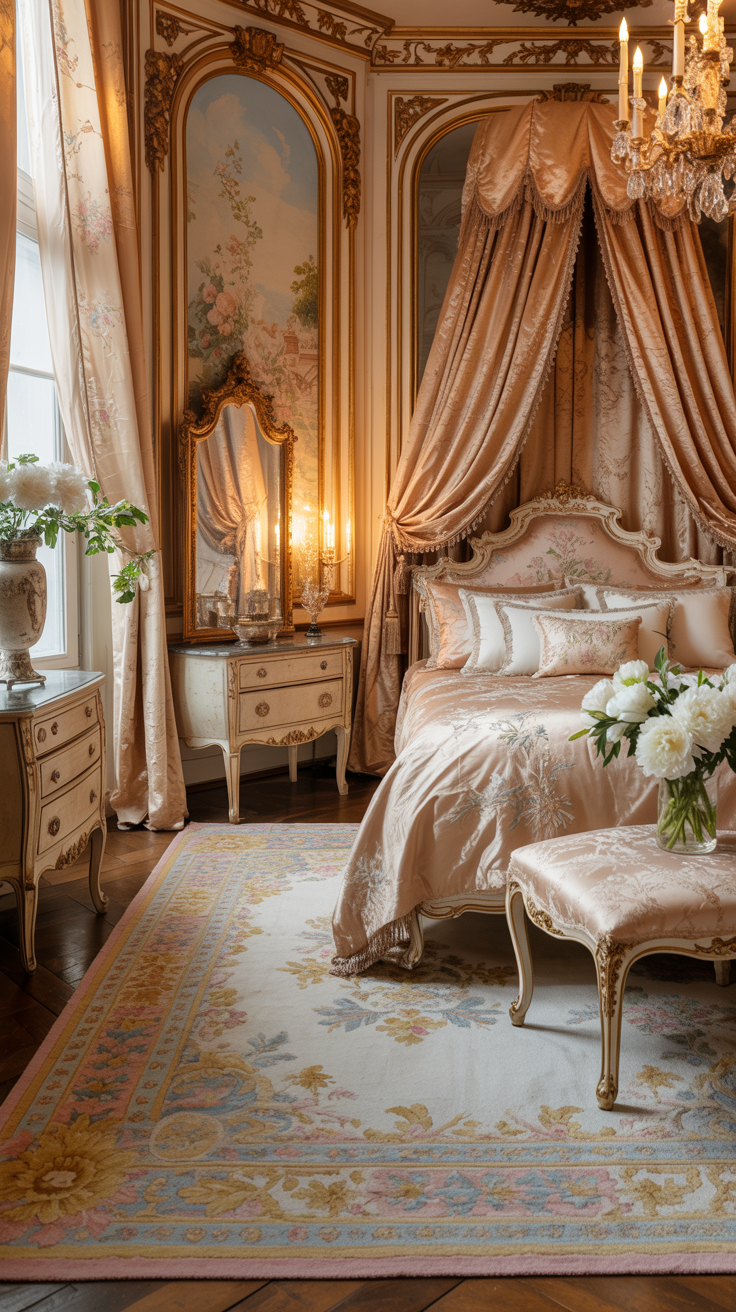French Rococo bedroom with ornate area rug luxurious furnishings and elegant Parisian decor