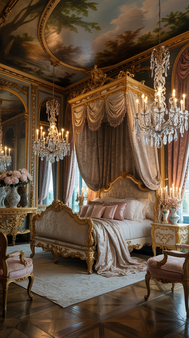 French Rococo bedroom layered with chandeliers gilded furniture luxurious fabrics and Parisian palace inspired decor