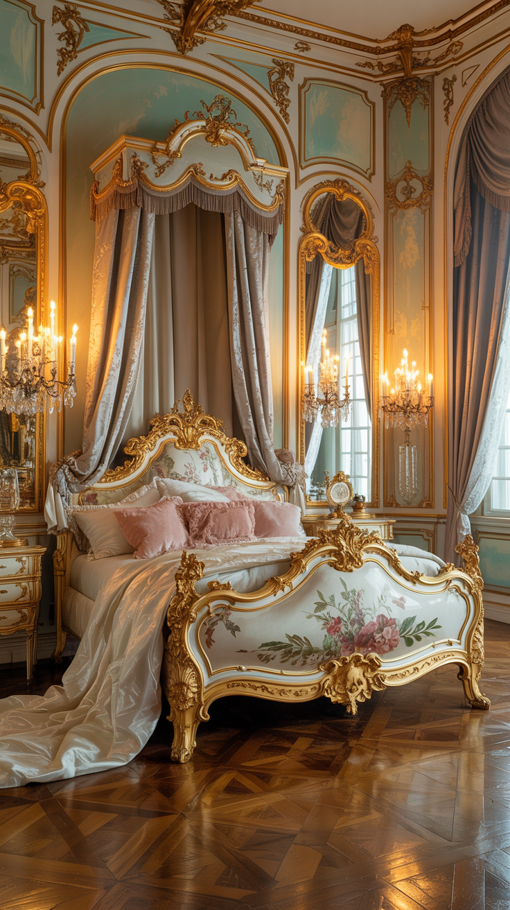 French Rococo bedroom featuring a grand gilded bed frame with elegant Parisian palace styling