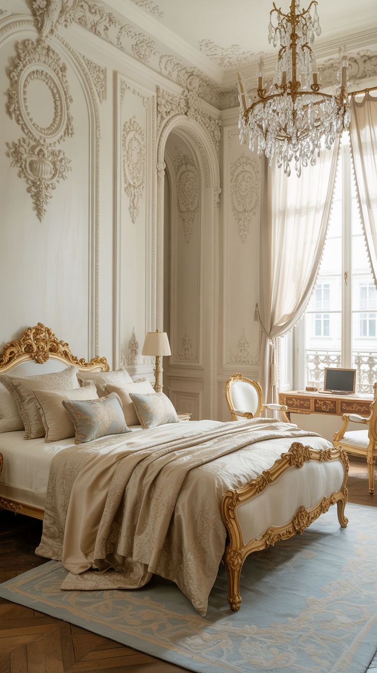 French Rococo bedroom with ivory walls gold carved furniture crystal chandelier and luxurious bedding