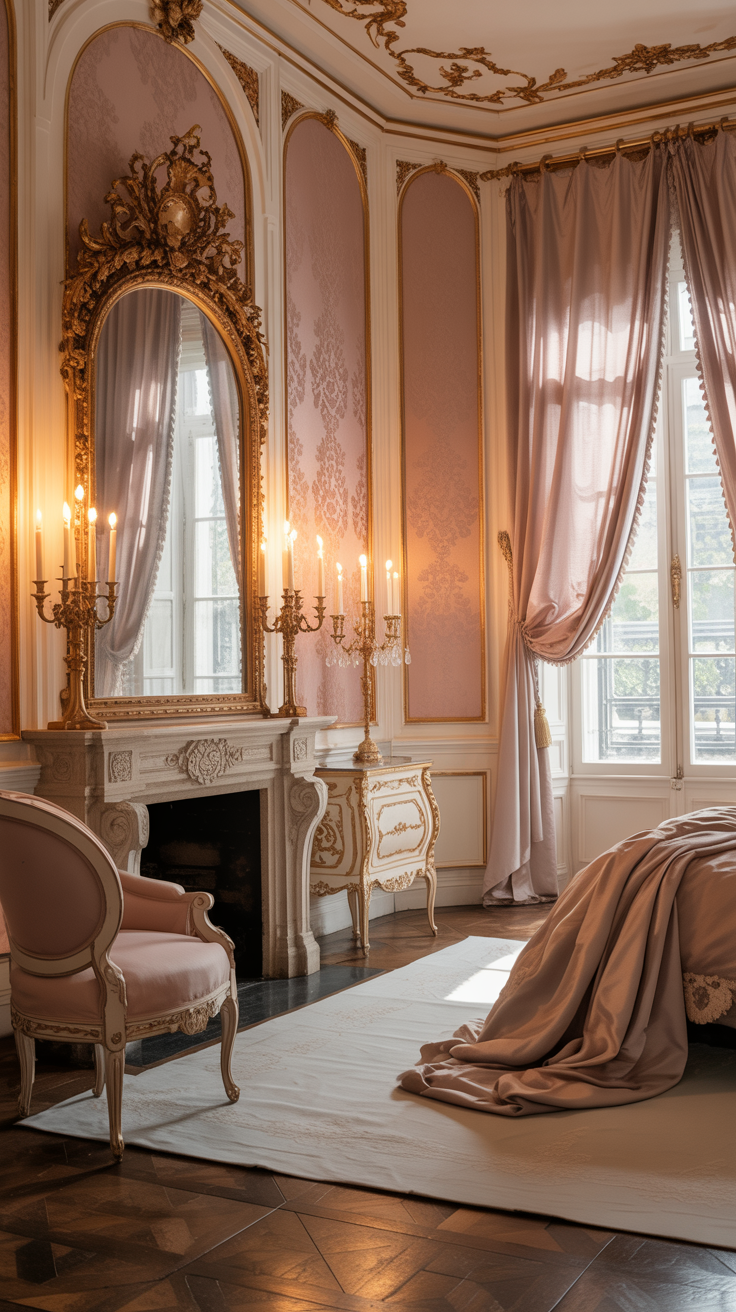 Romantic French Rococo bedroom with blush pink walls antique gold mirror and carved furniture