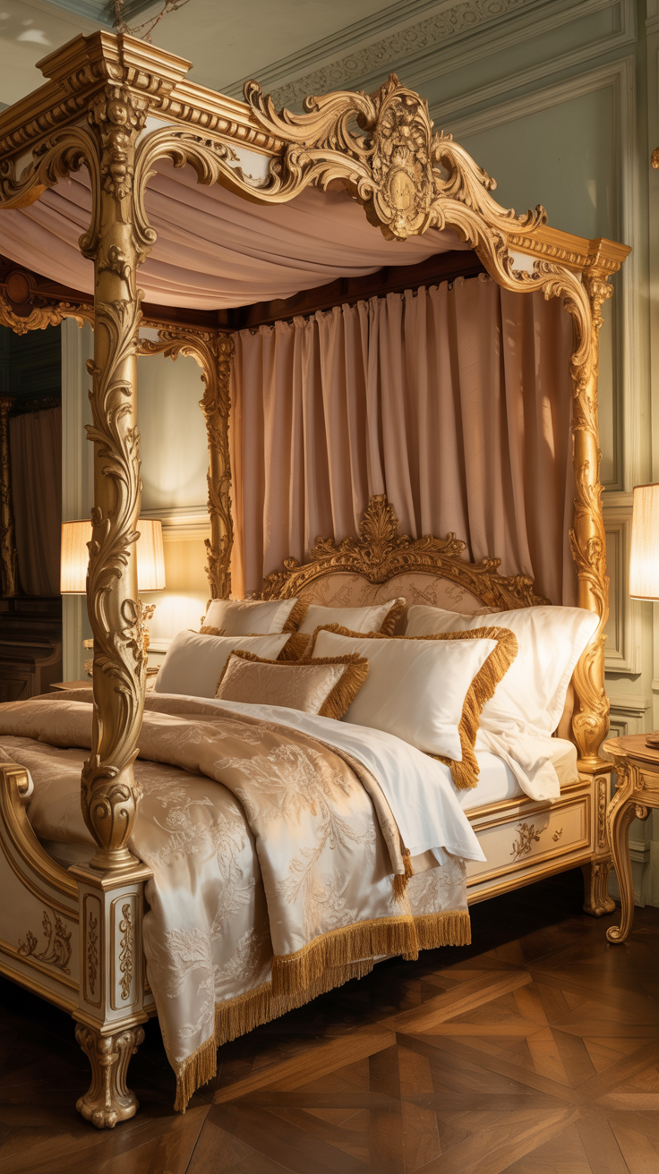 French Rococo four poster bed with carved wood details luxurious bedding and elegant canopy