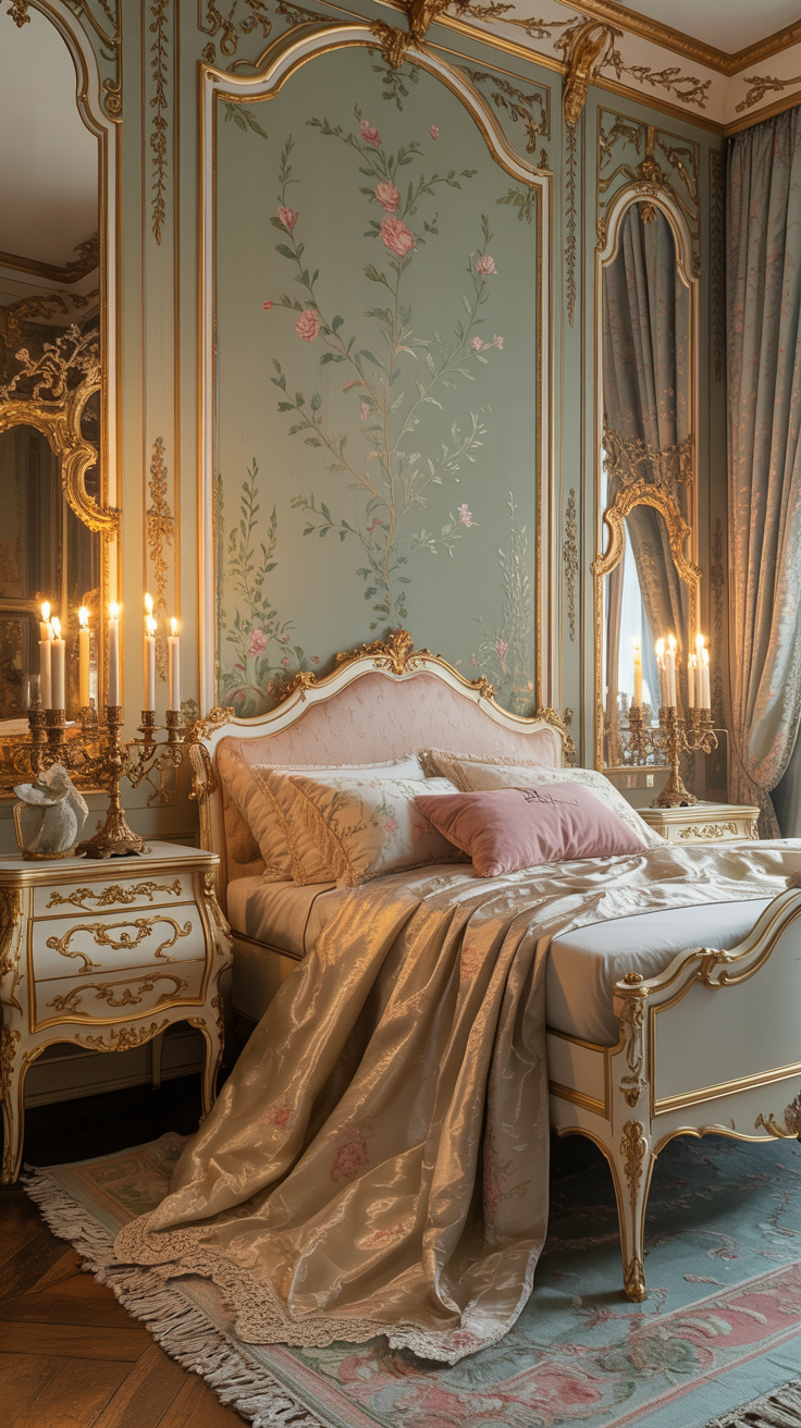 French Rococo bedroom with soft sage green walls carved white furniture and elegant gold accents
