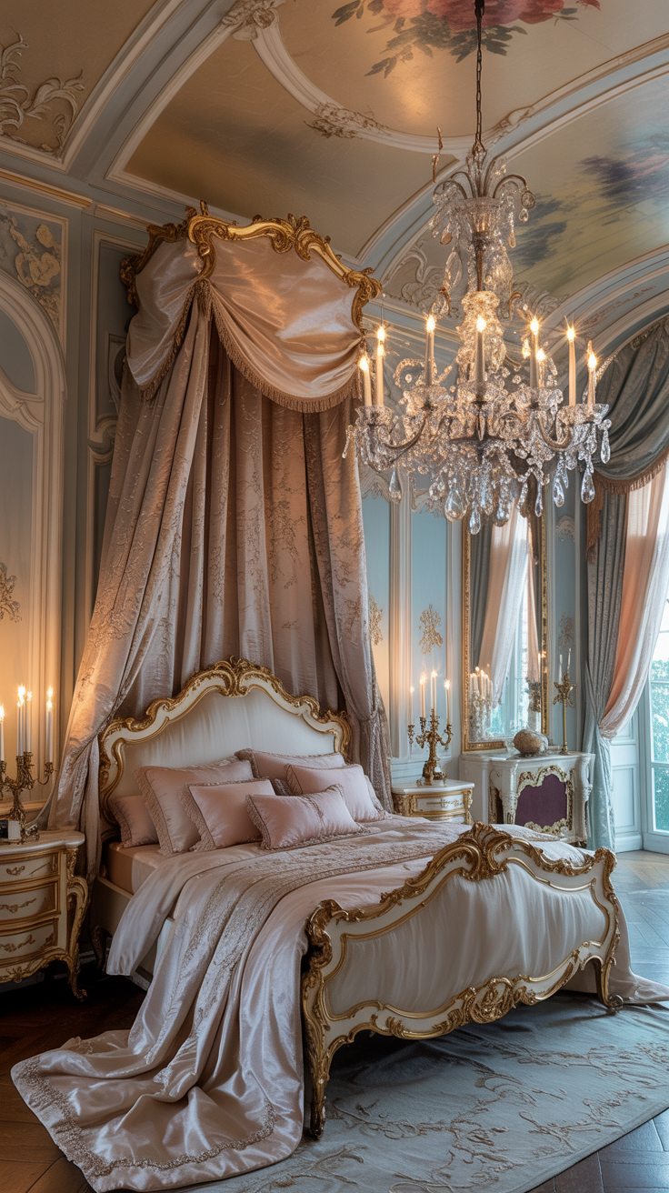 Elegant French Rococo bedroom featuring a sparkling crystal chandelier above an ornate bed