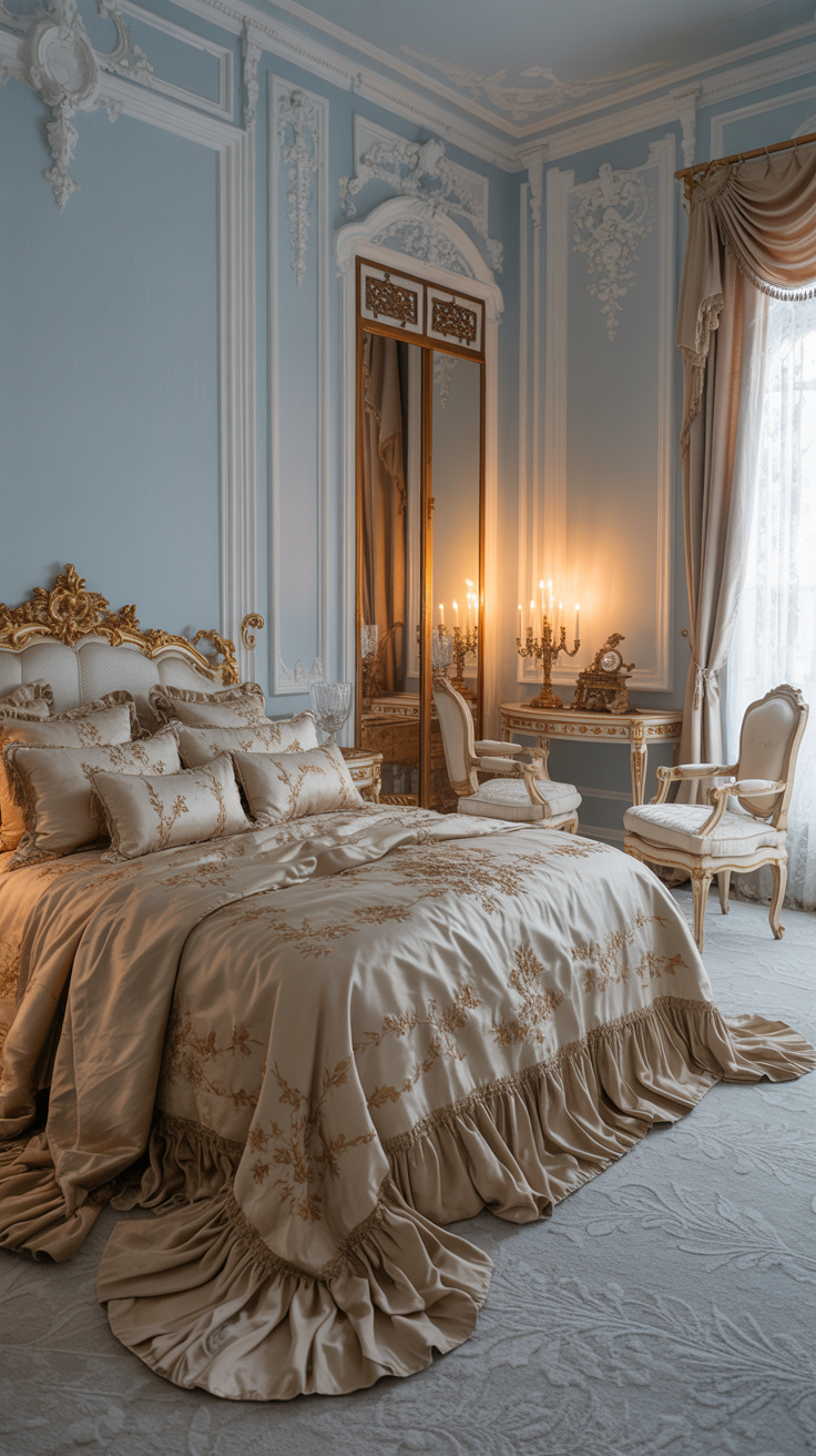 French Rococo bedroom with pale blue walls champagne gold furniture and luxurious bedding
