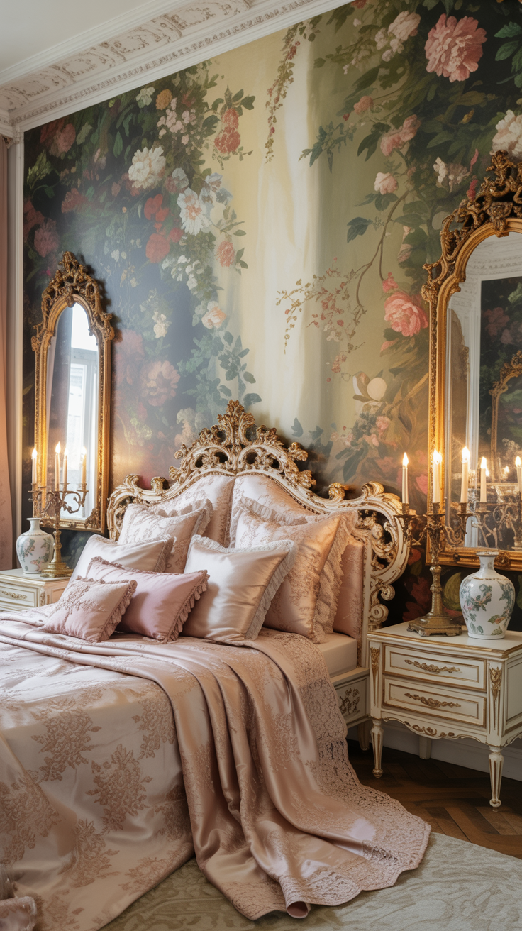 French Rococo bedroom with romantic floral wallpaper feature wall carved bed and antique gold decor