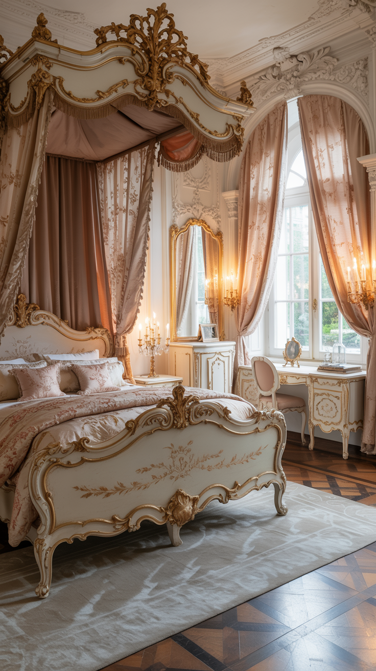 French Rococo bedroom with carved white furniture antique gold accents and elegant styling