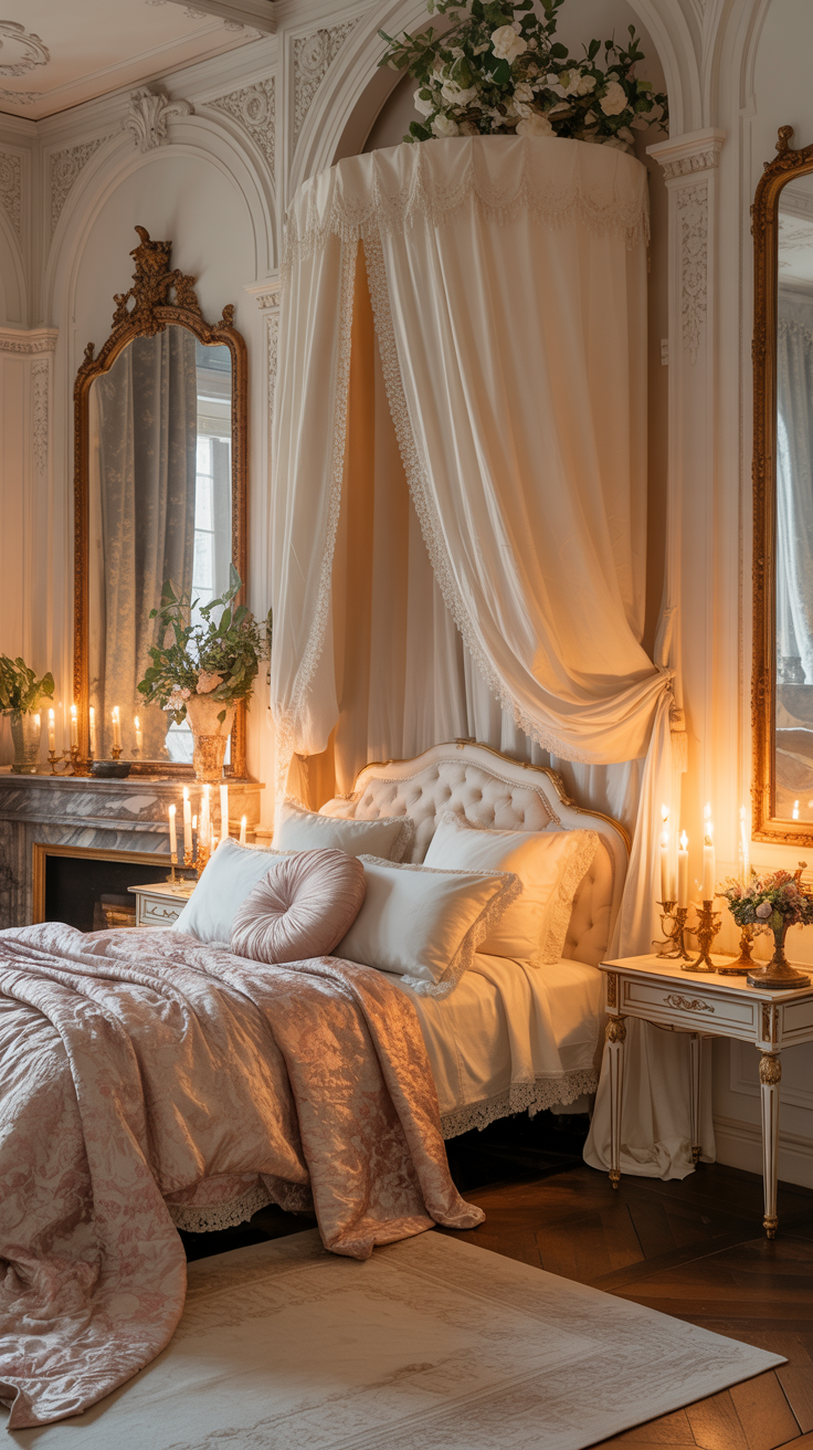 French Rococo bedroom layered with cream fabrics antique mirrors and luxurious bedding