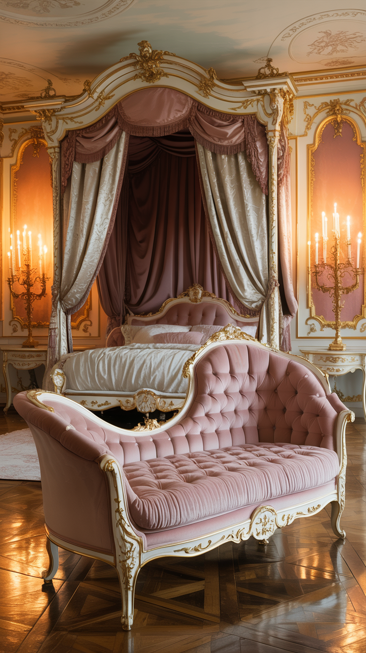 French Rococo bedroom featuring blush velvet seating carved furniture and elegant gold details