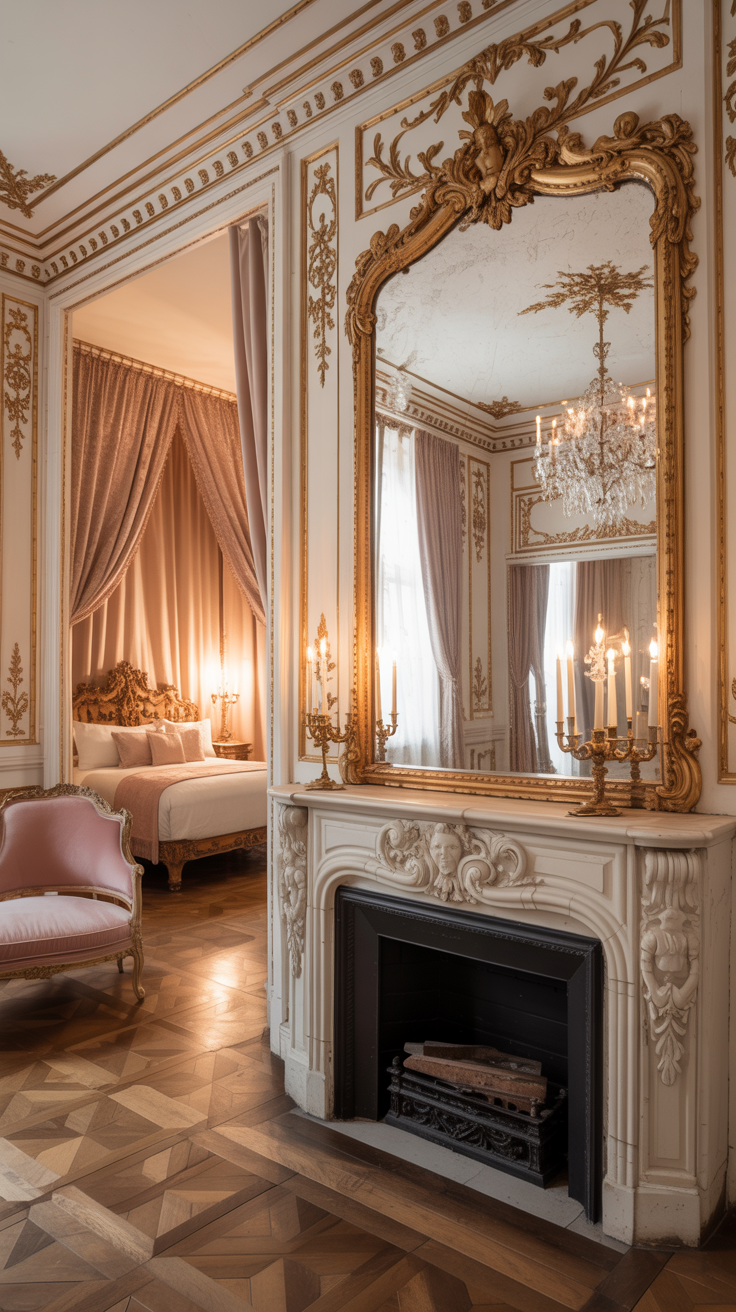 French Rococo bedroom with ornate marble fireplace antique mirror and elegant Parisian styling