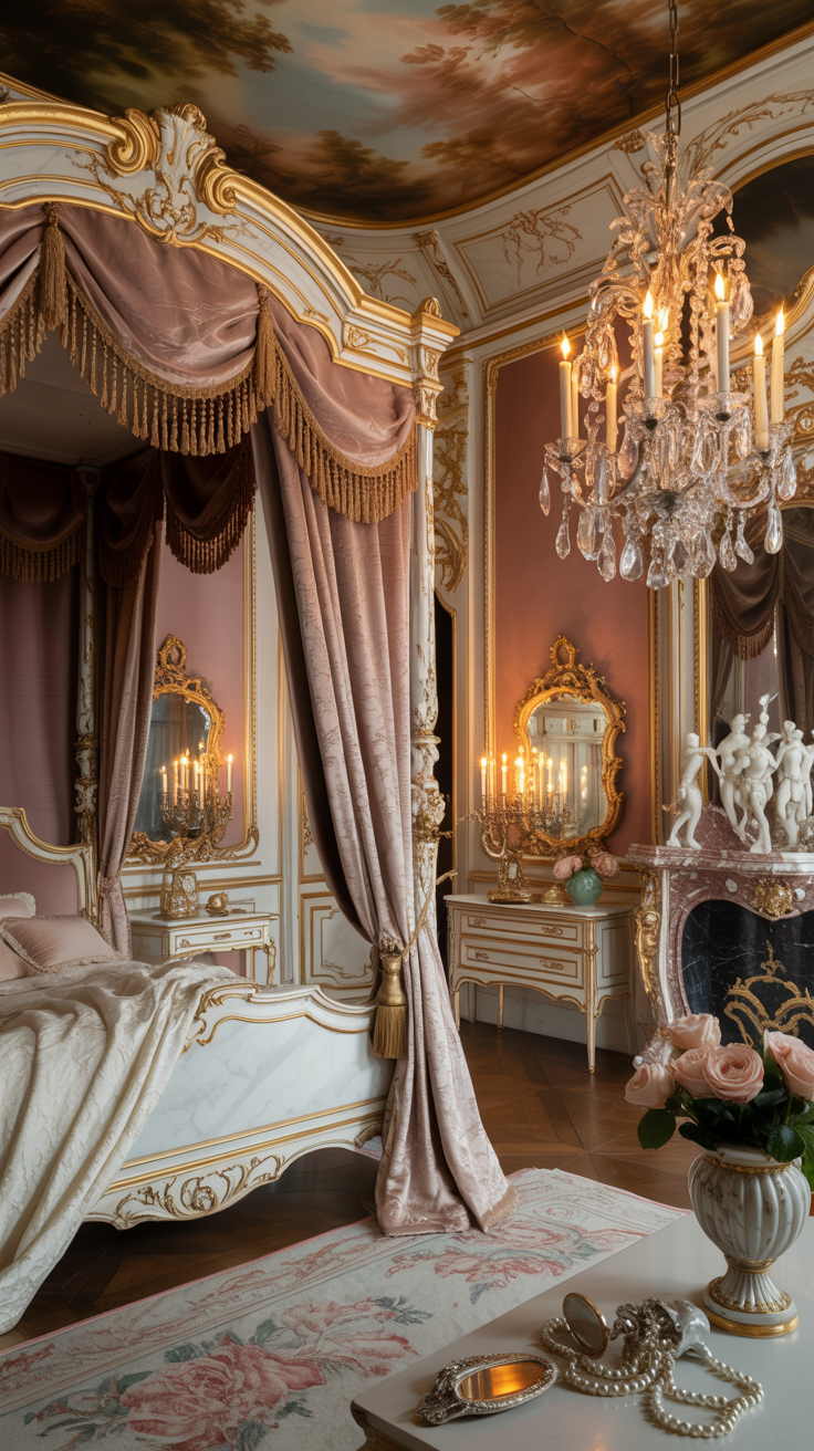 French Rococo bedroom with candlelight crystal chandelier elegant accessories and romantic decor