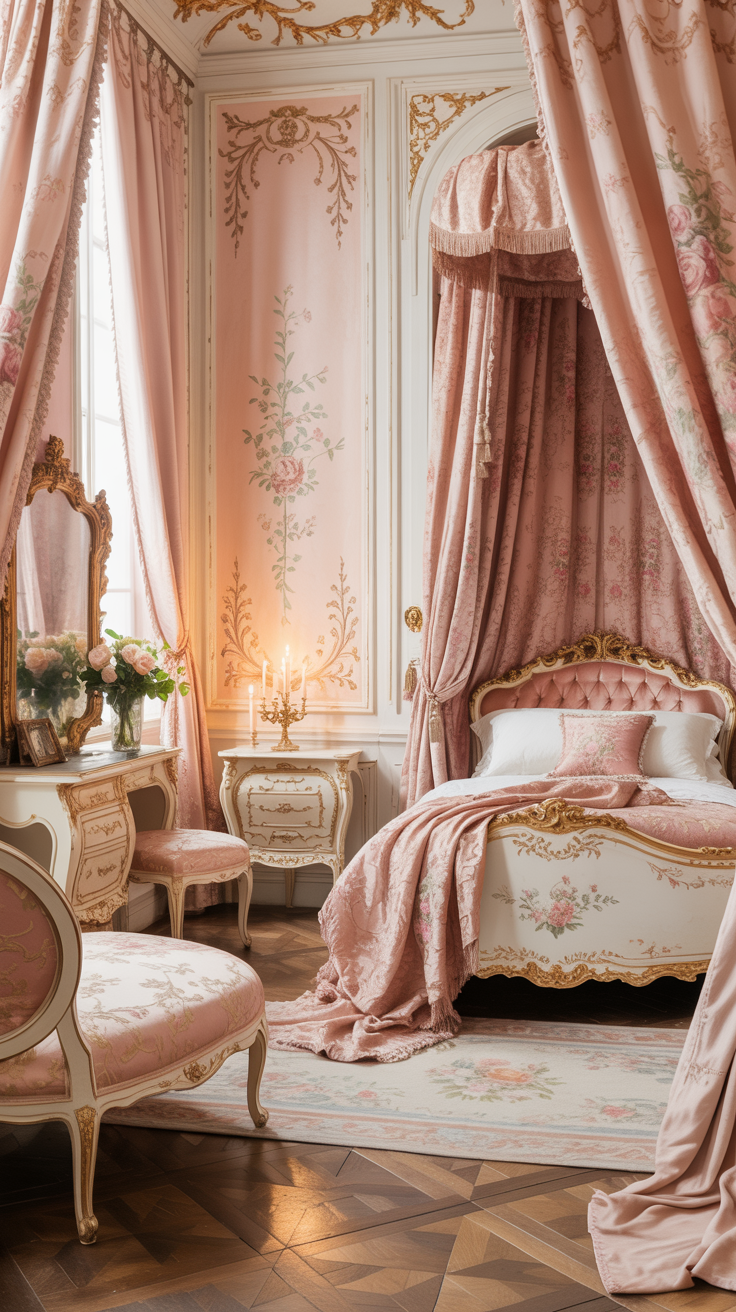 Vintage inspired pink Rococo bedroom with blush walls antique gold trim and carved French furniture