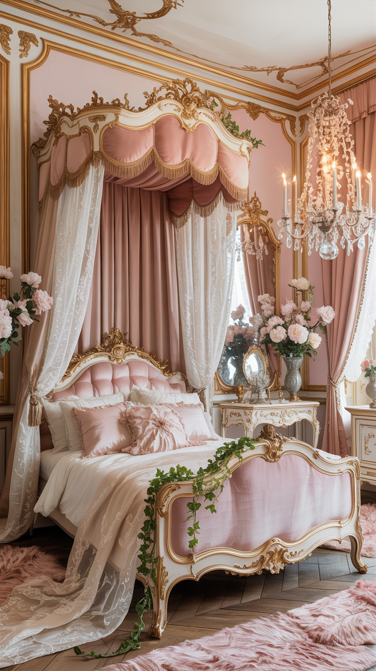 Pink Rococo bedroom featuring an ornate French bed with blush velvet upholstery