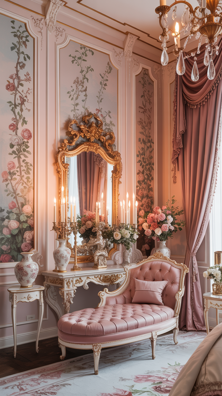 Vintage pink Rococo bedroom with floral wallpaper and ornate gilded mirrors