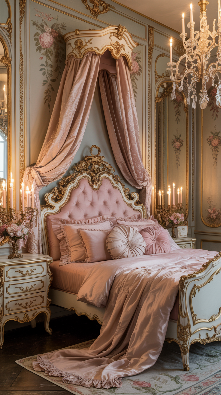 White carved French furniture styled with blush pink bedding in a Rococo bedroom