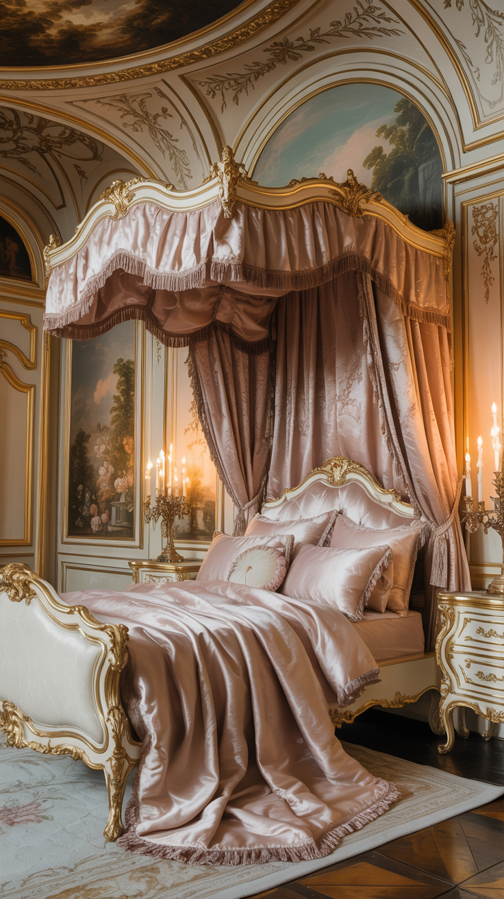 Vintage inspired Rococo bedroom with champagne gold furniture and soft rose pink decor