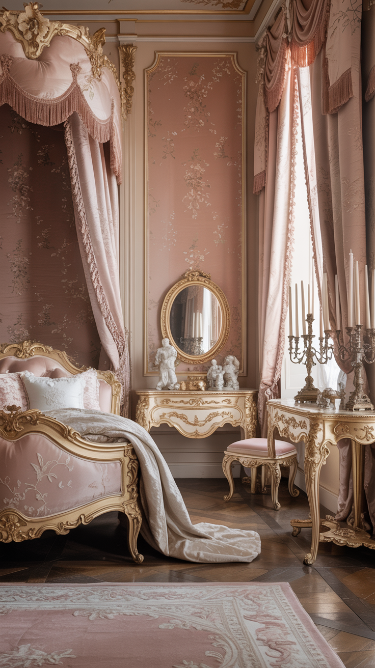 Vintage inspired pink Rococo bedroom with a carved canopy bed and flowing blush drapes