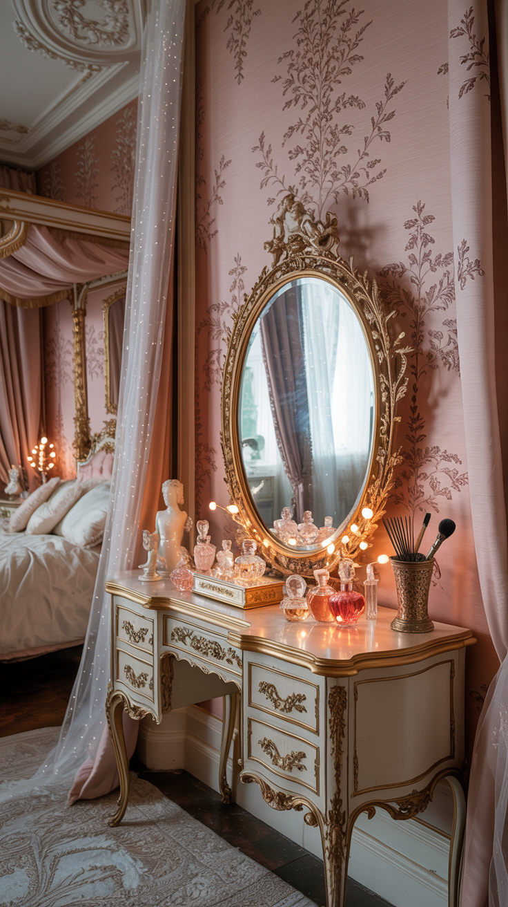 Pink Rococo bedroom featuring an antique French vanity with crystal perfume bottles and gold mirror