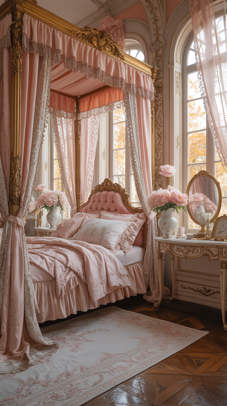 French Rococo bedroom with lace curtains vintage bedding and soft pink decor