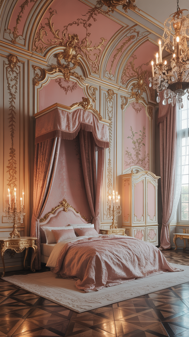 Elegant pink Rococo bedroom featuring gilded wall panels decorative mouldings and French furniture