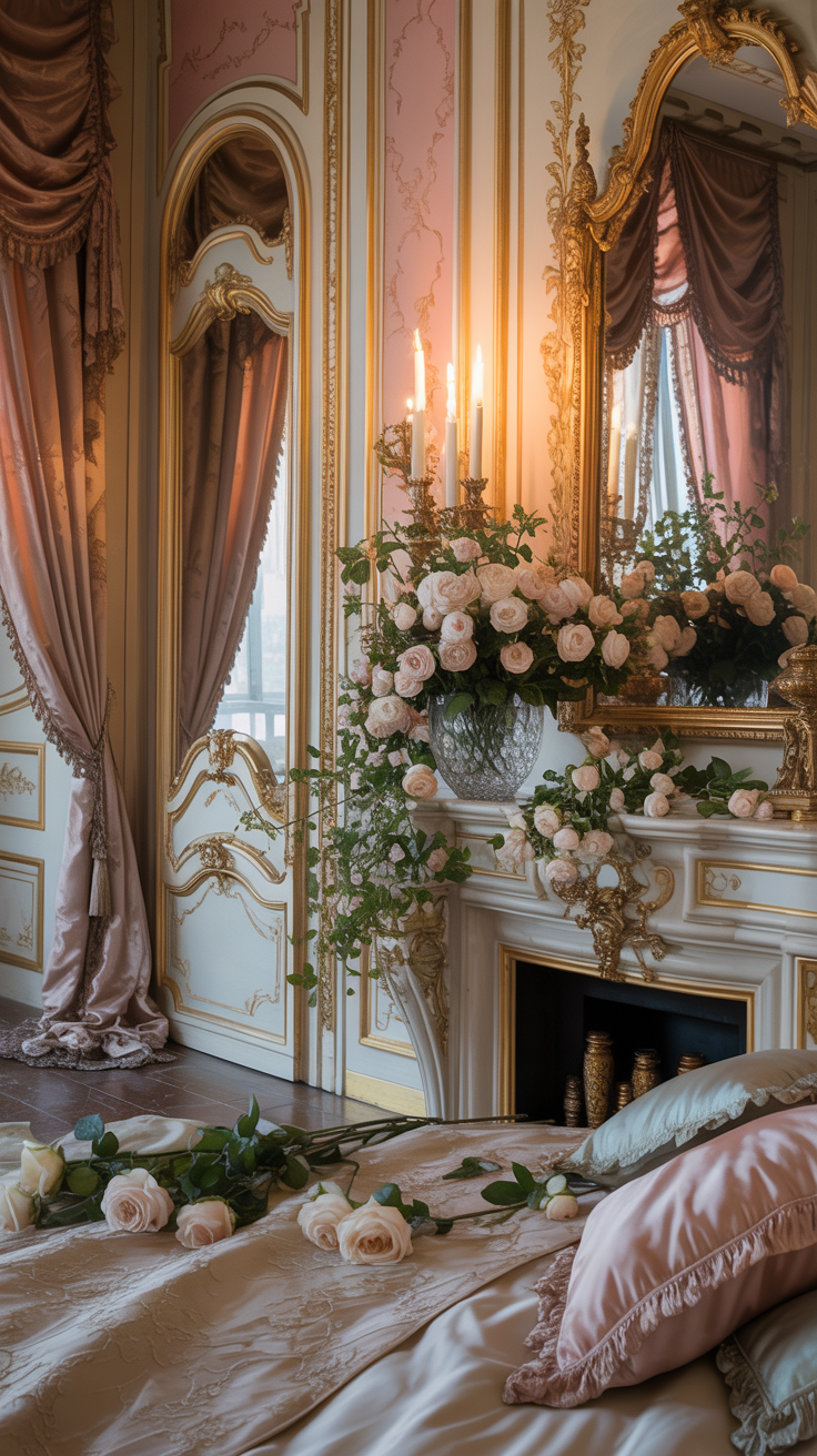 Vintage inspired pink Rococo bedroom with marble fireplace fresh roses and antique mirror