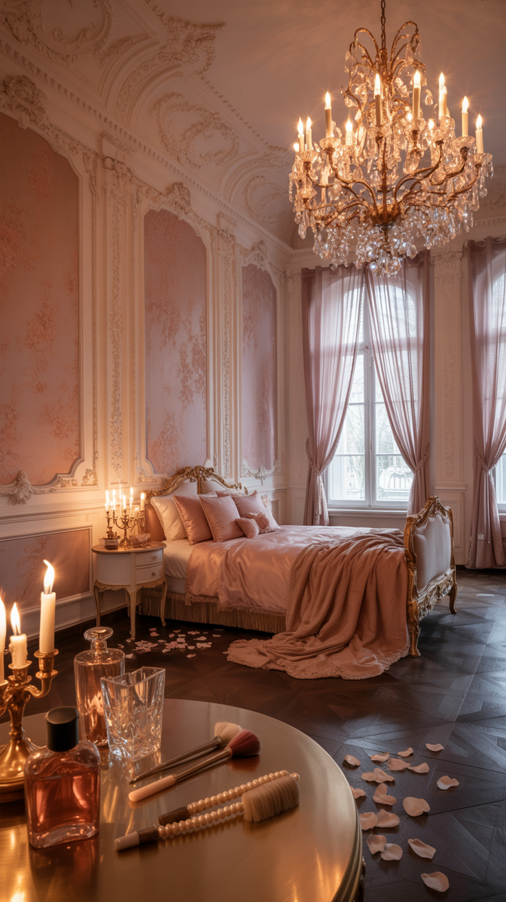 Pink Rococo bedroom glowing with candlelight crystal chandelier and elegant vintage accessories
