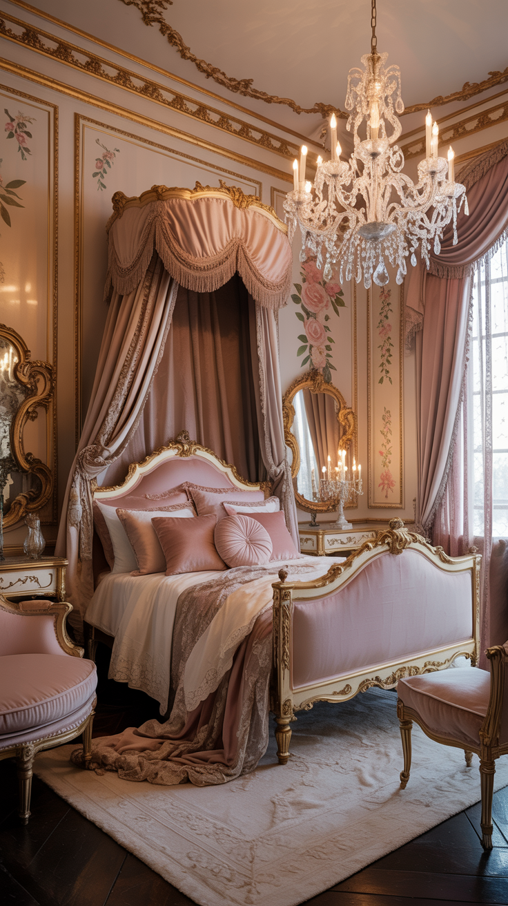 Luxurious vintage inspired pink Rococo bedroom with ornate French furniture crystal chandelier and gold detailing